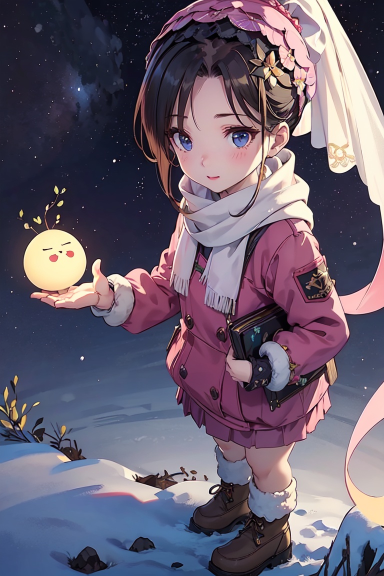 masterpiece,best quality,official art,extremely detailed CG unity 8k wallpaper,1girl, high ponytail, winter uniform, scarf, pov,full body, chibi, starry background, aurora, snowing, , the bride_light yarn,final,high ponytail