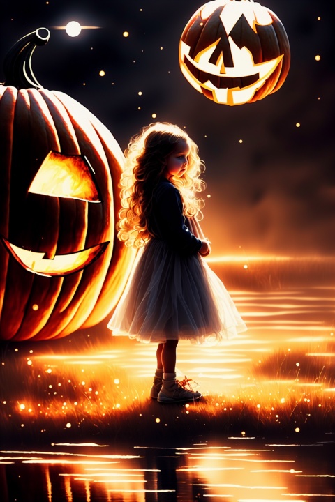  Halloween floating lights, 1girl,cinematic light and reflections, Glowing lights, Intermediate metaverse elements,Digital painting, glowing reflections, Pondering, Halloween Jack Lantern, calm evening, Digital illustration, Beautiful atmosphere, Skylight at night, Peaceful evening atmosphere, Jack-o'-lantern, Halloween, the night, themoon, game scenes, Halloween, Surrounded by clouds, ( (Splash ink ) ), ((Splash ink) Inky})), tmasterpiece, high qulity, Beautiful graphics, high detal,Magnificent JaLanteen, zichun