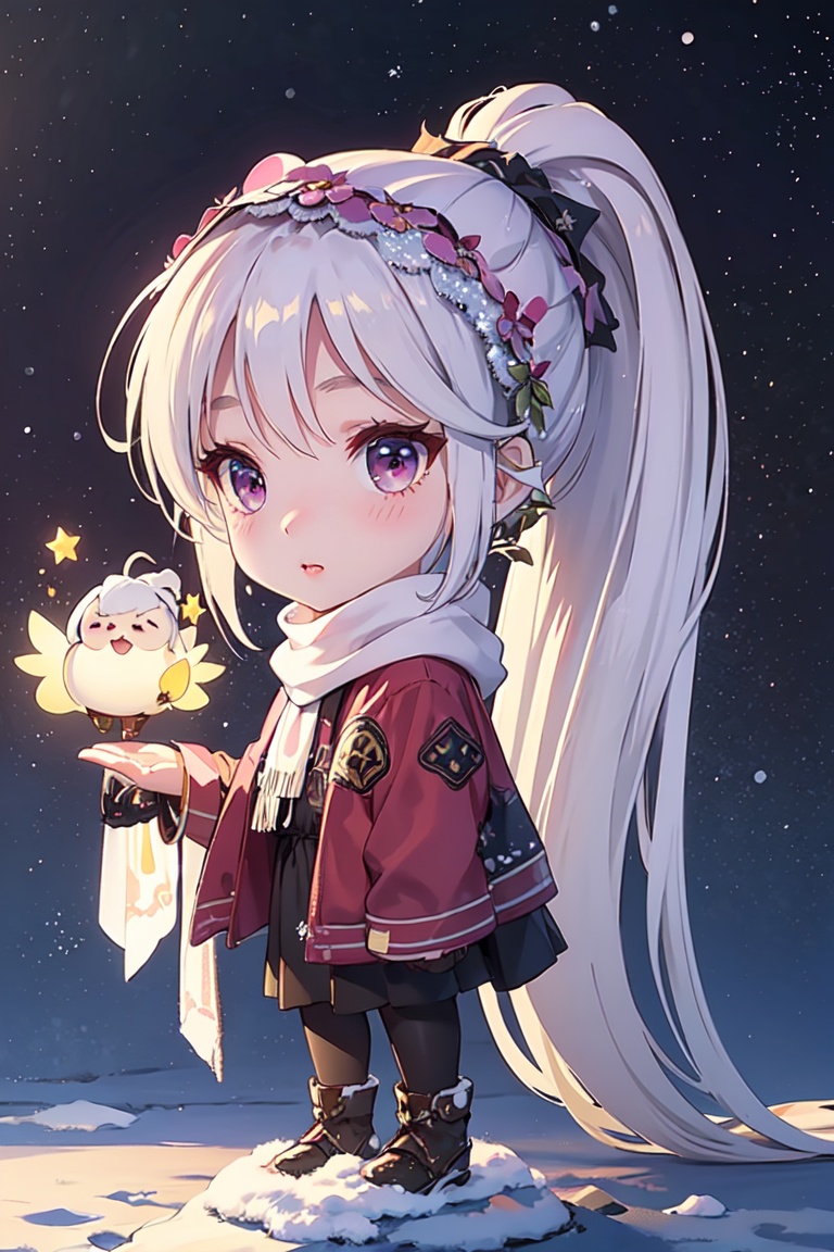 masterpiece,best quality,official art,extremely detailed CG unity 8k wallpaper,1girl, high ponytail, winter uniform, scarf, pov,full body, chibi, starry background, aurora, snowing, , the bride_light yarn,final,high ponytail