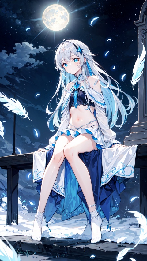 masterpiece, best quality, ((masterpiece)), flat chestbest quality, (highres), solo, flat chest, a girl inside the church with white hair and blue pupil surrounded by (many) glowing (feathers) in cold face, detailed face, night with bright colorful lights whith richly layered clouds and clouded moon in the detailed sky, (a lot of glowing particles),long hair,cool movement, (filigree), delicate and (intricate) hair, ((sliver)) and (broken) body, blue streaked hair, full body, depth of field, sitting on a (blue star), bishoujo,full body,no shoes,foot,