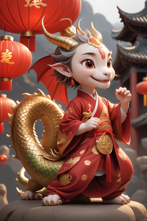  masterpiece,best quality,Fine detail,year of the dragon,Cute,Chinese dragon,3d toon style, bailing_eastern dragon,On the cornucopia,Red lanterns, gold and silver jewelry,The character "fortune", arien_hanfu, tu_si,cover image, tu_si