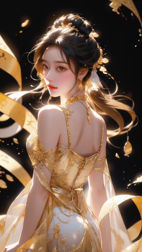 best quality,masterpiece,20-year-old girl standing in the air,floating around are white calligraphy paper and ancient scroll,writing calligraphy,flowing Gold transparent scroll,floating Gold transparent Chinese characters,dynamic action style,swirl background is a study room Chinese epic style,traditional animation top light,deep black tone,clear subject,ultra realistic Ultra detailed,rendering,high detail,ultra high quality,8k,1 girl,fanxing