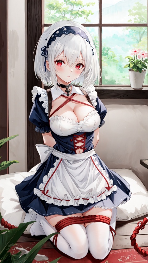  sirius (azur lane), breasts, bound, red eyes, thighhighs, no shoes, 1girl, bdsm, bondage, arms behind back, short hair, looking at viewer, shibari, large breasts, short sleeves, lace-trimmed hairband, feet, white hair, red rope, cleavage, frills, dress, solo, ribbon, sitting, bangs, restrained, anchor choker, hairband, rope, blush, white thighhighs, hair between eyes, shibari over clothes, puffy short sleeves, choker, puffy sleeves, bound arms, frilled dress, skindentation, lace trim, indoors, full body, window, bound ankles, soles, maid, grey hair