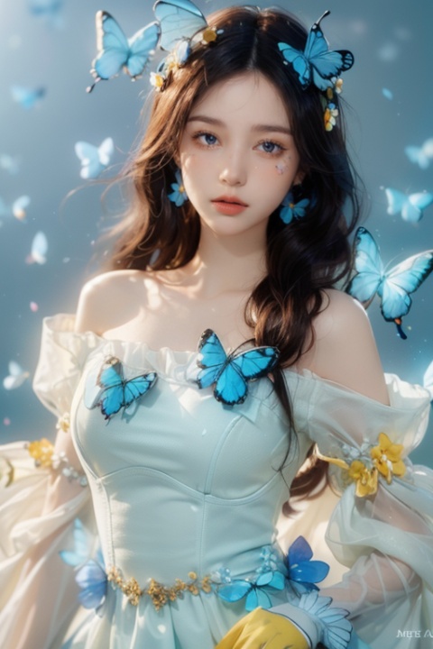 1girl,solo,jewelry,long hair,necklace,earrings,looking at viewer,cowboy shot,off shoulder,wavy hair,bare shoulders,grey eyes,lips,parted lips,skirt,frills,(yellow dress:1.3),colorful flowers,(flower background:1.5),full_body,
(eyes_focus:2),
close-up,(there are many butterflies flying in the background:1.5),(the blue butterfly background:1.5),(clear focus:1.5),Super Detail,flowers