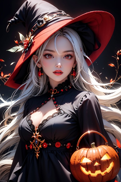  zichun,1girl,solo,earrings,jewelry,hat,red eyes,jack-o'-lantern,pointy ears,looking at viewer,long hair,witch hat,halloween,upper body,dress,pumpkin,white hair,black dress,breasts,black headwear,glowing,bangs,closed mouth,witch,thorns,black background,lips,medium breasts,fire,artist name,english text, zichun