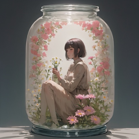 There is a girl sitting inside a jar, surrounded by flowers, against a simple background. She is Erune.
