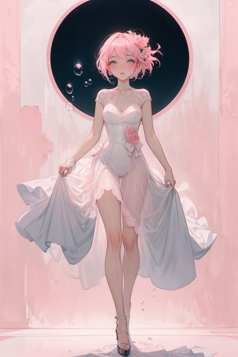  full body,Masterpiece, best quality, ultra-high resolution, (abstract art: 1.3), (pink theme: 1.2), art, stylization, deep shadow, bubble theme, 1girl, pink clothing, beauty of love, in bubbles, eyes, love, out of foam, pink hair,luxurious wedding dress