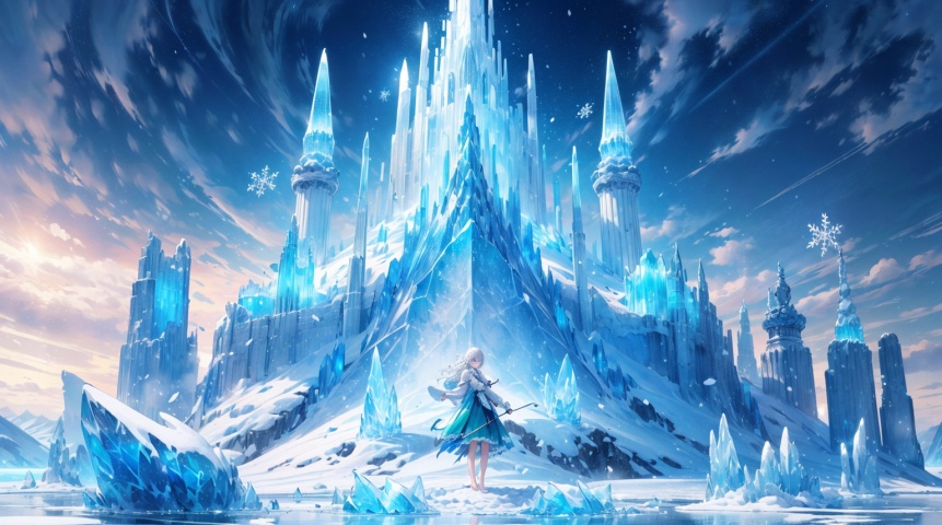  (((green, silver, glimmer)), limited palette, contrast, phenomenal aesthetic, best quality, sumptuous artwork, (masterpiece), (best quality), (ultra-detailed),(((illustration))), ((an extremely delicate and beautiful)),(detailed light),

snow, falling snowflakes, sunlight, ice, iceberg, (snow: 1.2),snow-covered meadow,snow-covered plants, lens flare, HDR,

1 girl, cool theme, watercolor theme, white hair, long hair, wink, blue dress, shut up, architecture, flat color, norlin art, braid, wink, bust (sculpture), barefoot, floating, shut up, constellation, flat color, head up, standing, male focus, medium hair, standing, solo, blue vibe, qingsha,Snow scene, blue dress, skirt made of ice and snow,Ice field scene, glacier, covered in snow, heavy snow,, houtufeng,letterboxed