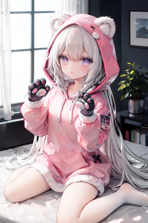 1girl, solo, long hair, **ile, sitting, looking at viewer, wariza, open mouth, window, bangs, animal hands, :d, gloves, blush, socks, hands up, paw gloves, very long hair, indoors, animal hood, hood, long sleeves, brown hair, white socks, hood up, curtains, no shoes, on bed, bear ears, red eyes, animal costume, animal ears, fang, fake animal ears, grey hair, bed sheet