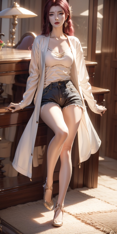  High quality, ultra high-definition, surreal, highest resolution, (16k pixels) (bright color), female, hair tied up, (full body portrait in front), mid chest, long legs, tall, perfect figure, small white shoes, fresh style, (city view),(short cardigan, bottom shirt) (white cotton shorts),(purple long hair), high heels,1girl,