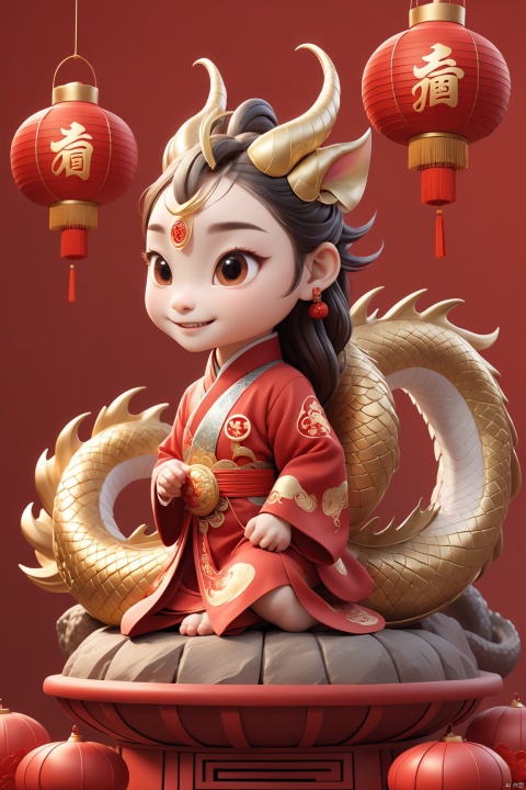  masterpiece,best quality,Fine detail,year of the dragon,Cute,Chinese dragon,3d toon style, bailing_eastern dragon,On the cornucopia,Red lanterns, gold and silver jewelry,The character "fortune", arien_hanfu, tu_si,cover image, tu_si