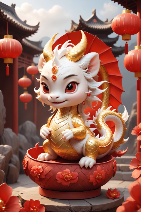  masterpiece,best quality,Fine detail,year of the dragon,Cute,Chinese dragon,3d toon style, bailing_eastern dragon,On the cornucopia,Red lanterns, gold and silver jewelry,The character "fortune", arien_hanfu, 