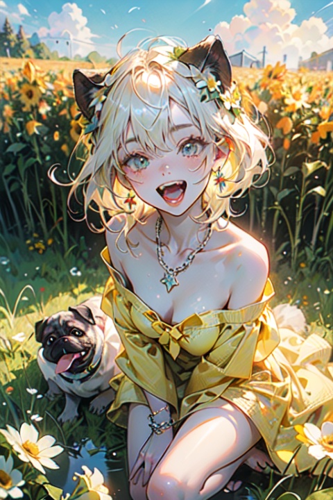 nsfw,(((masterpiece))),
(incredibly-absurdres),(best quality),(highres),((ultra-detailed)),((CG unity 8k wallpaper)),(an extremely delicate and beautiful girl),((flower
field)),((flower wreath)),((dog tail)),((long pug
ears)),(,large breasts),((no
bra)),((loli)),(delica
te face),(big eyes),(light-green-eyes),(hime_cut),
(disheveled hair),(light-yellow_hair),(floating
hair),(Bow),(flat_chest),w
hite_aran ((yellow dress flower)),((flower
necklace)),((flower earrings)),((flower bracelet)),
((cute)),(),(laughing),(looking at viewer),
(upper-body),focus on face,(close up),((delicate
beautiful sky with cirrocumulus)),(detailed
background),(from above),(toplight),((cinematic
light)),(lens_fla
re),(Light reflection),(refined rendering),(high
saturation),(Blurred picture
）,
aaaaaaaaaax,((sitting)),((barefoot)),(()),((off
shoulder)),1 girl,Rebellious girl,flowers