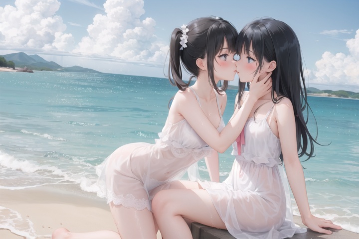 2 girls looking at each other and kiss, in water, see_through,white dress,  transparent clothes, blush,black underwear hanging on the leg