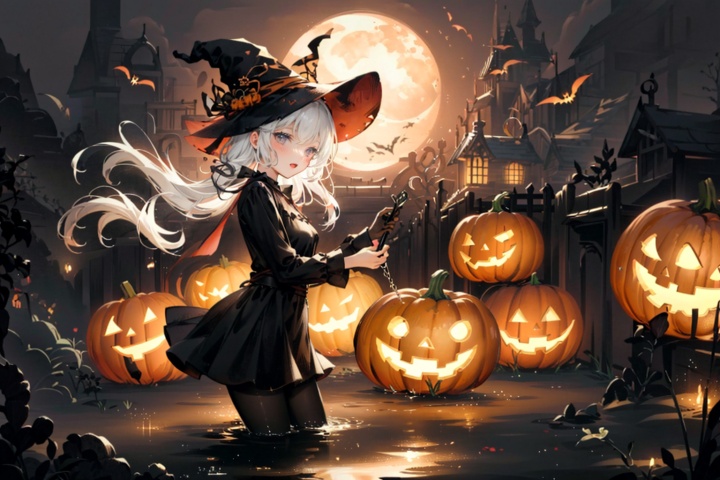 Halloween floating lights, 1girl,cinematic light and reflections, Glowing lights, Intermediate metaverse elements,Digital painting, glowing reflections, Pondering, Halloween Jack Lantern, calm evening, Digital illustration, Beautiful atmosphere, Skylight at night, Peaceful evening atmosphere, Jack-o'-lantern, Halloween, the night, themoon, game scenes, Halloween, Surrounded by clouds, ( (Splash ink ) ), ((Splash ink) Inky})), tmasterpiece, high qulity, Beautiful graphics, high detal,Magnificent JaLanteen, zichun, NYIllustrationHalloween,Pumpkin vs. Witch, NYLostRuins