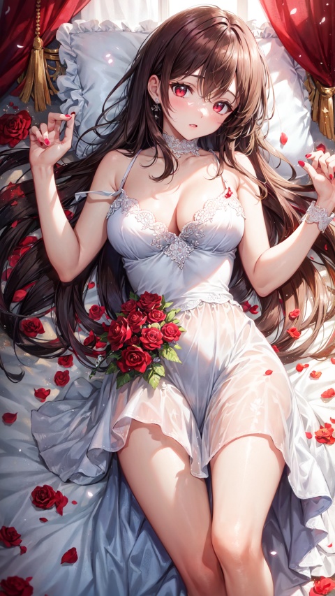  finely detail, Depth of field, (((masterpiece))), ((extremely detailed CG unity 8k wallpaper)), best quality, high resolution illustration, Amazing, intricate detail, (best illumination, best shadow, an extremely delicate and beautiful),

petals, red_flower, red_rose, rose, rose_petals, flower, red_nails, 1girl, curtains, long_hair, nail_polish, brown_hair, bed_sheet, strap_slip, red_eyes, looking_at_viewer, solo, lying, petals_on_liquid, on_back, pink_rose, breasts, bare_shoulders, white_dress, dress, bangs