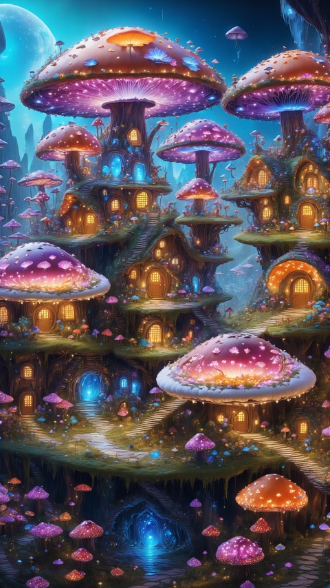  (Fantasy style: 1.5) Cute, small (micro perspective) (Fantasy Architecture World) (Intricate details) Miniature mushroom houses are dotted in this microscopic strange mushroom village, and each small house is as colorful as a mushroom. Tiny residents, wearing petal skirts and mushroom hats, dance happily around the village. Miniature flower elves dance in the sea of flowers, bringing an intoxicating and magical atmosphere to the entire strange mushroom village, bailong plant girl, AetherPunkAI