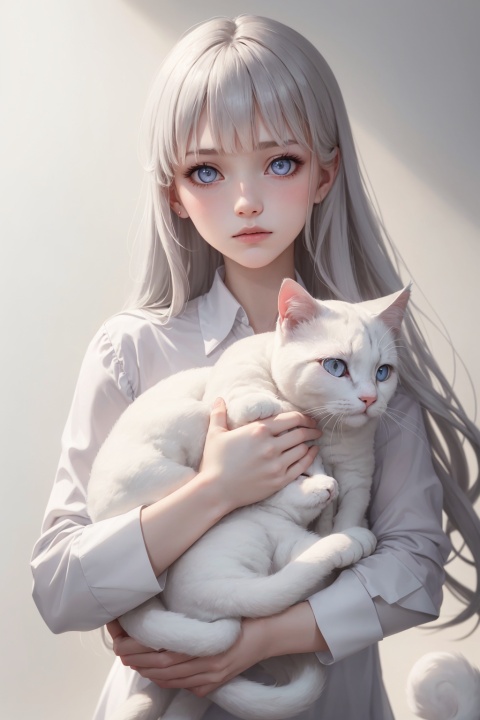 A representative photo of a Russian girl, ethereal beauty, dreamlike, (delicate face: 1.2), gray hair, purple eyes, (crossed bangs: 1.1), (blooming eyes: 1.2). Deep sea, floating foam, melancholy expression, drooping eyelids, right light, holding a **all white cat in his arms,