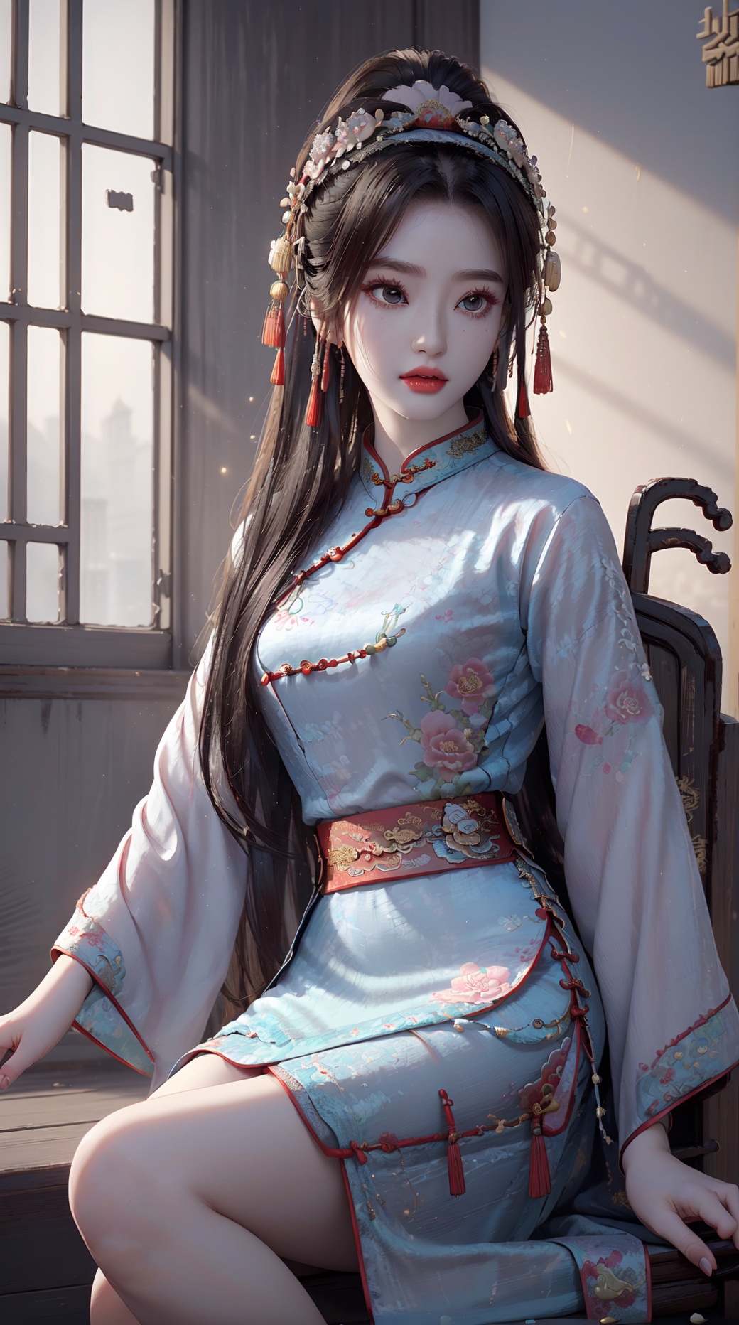 Cheongsam girl, masterpiece, high quality, exquisite wallpaper, 16k, animation, illustration, ((Full Shot)), positive perspective, (looking at the audience :1.3), perfect human body, complete body, detailed face, delicate features, (solo:1.2), ((1girl)), well-proported, sexy, (medium large breasts :1.2), (tall), high (height), (indoors:1.3), (Chinese style interior decoration: 1.5), (balls), (red high split cheongsam: 1.5), (gorgeous robe: 1.3), (the beauty of the qipao pattern), (red high-heeled shoes), (high split clothing: 1.5), (positive lighting: 1.4),