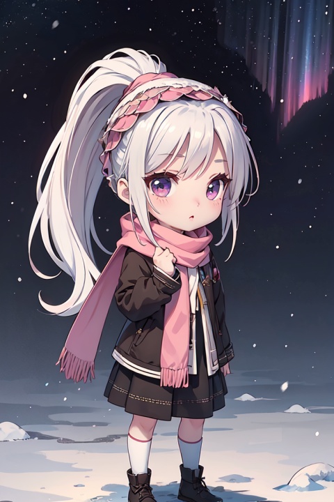 masterpiece,best quality,official art,extremely detailed CG unity 8k wallpaper,1girl, high ponytail, winter uniform, scarf, pov,full body, chibi, starry background, aurora, snowing, , the bride_light yarn,final,high ponytail