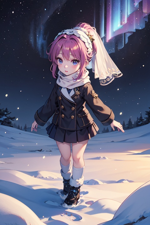 masterpiece,best quality,official art,extremely detailed CG unity 8k wallpaper,1girl, high ponytail, winter uniform, scarf, pov,full body, chibi, starry background, aurora, snowing, , the bride_light yarn,final,high ponytail