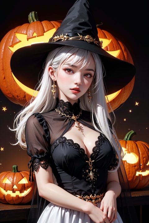  zichun,1girl,solo,earrings,jewelry,hat,red eyes,jack-o'-lantern,pointy ears,looking at viewer,long hair,witch hat,halloween,upper body,dress,pumpkin,white hair,black dress,breasts,black headwear,glowing,bangs,closed mouth,witch,thorns,black background,lips,medium breasts,fire,artist name,english text, zichun