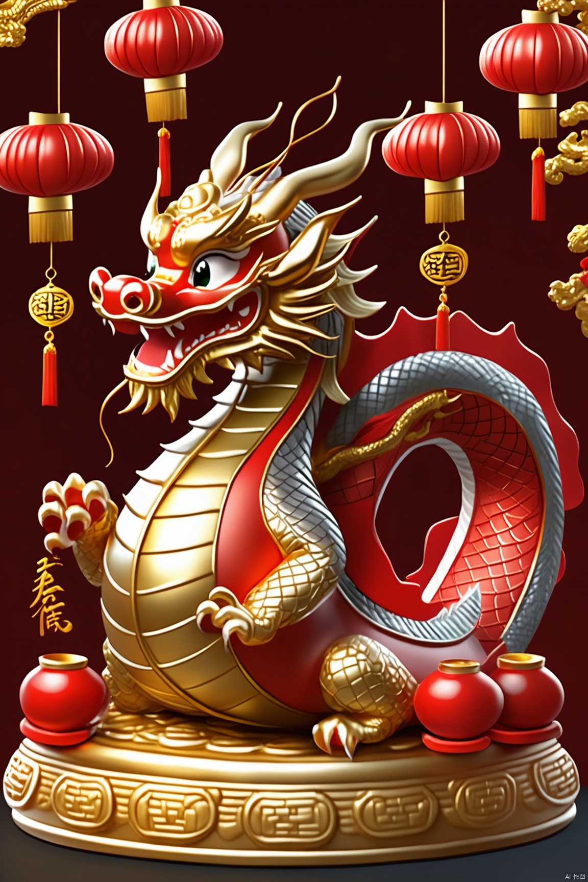  masterpiece,best quality,Fine detail,year of the dragon,Cute,Chinese dragon,3d toon style, bailing_eastern dragon,On the cornucopia,Red lanterns, gold and silver jewelry,The character "fortune"