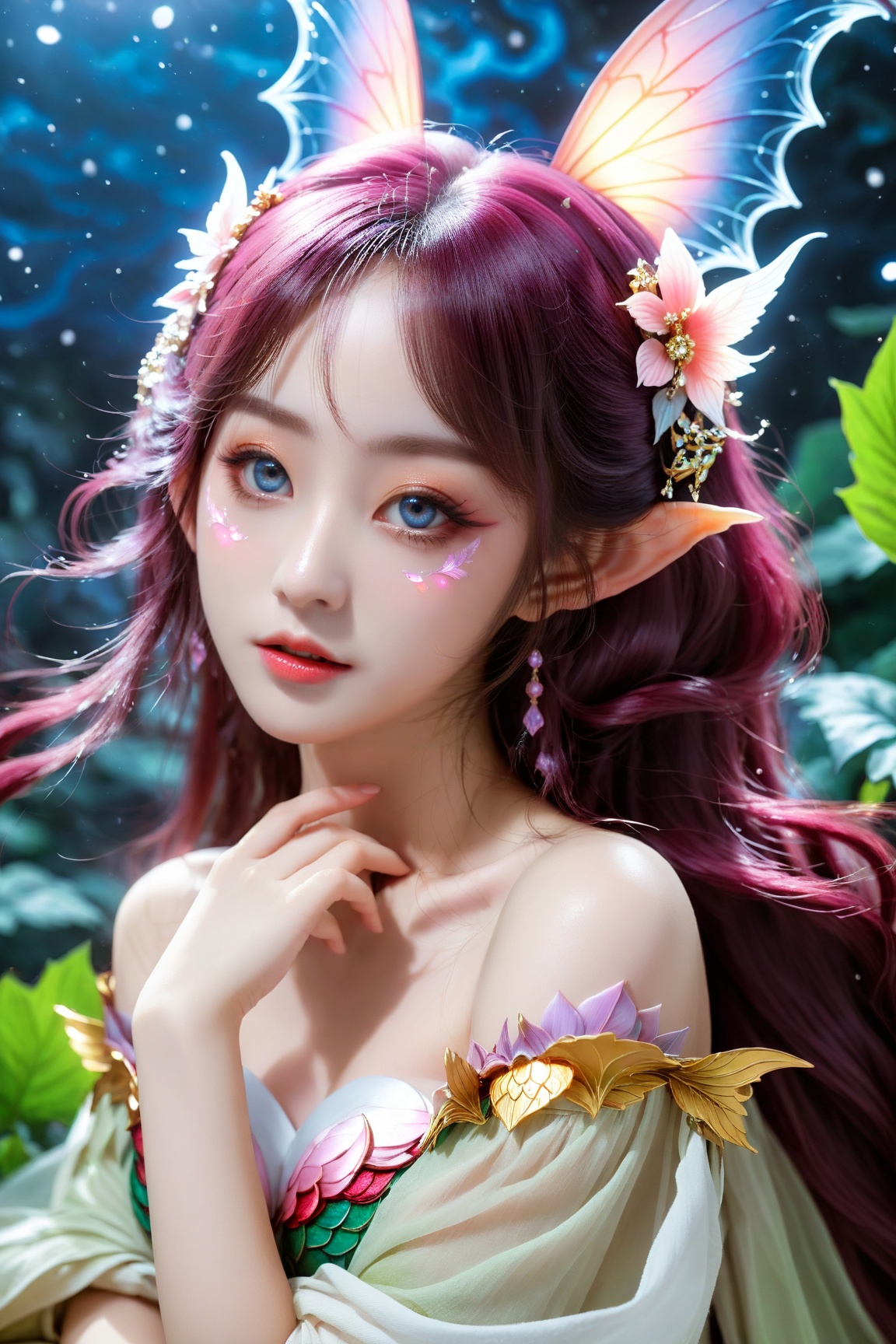  masterpiece,hyperdetail,elf(dragon'scrown),3d,DepthofField,peonyflowerdied,dotheghostalsocharming,huapighost, cure beauty,Beautiful eyes,Beautiful face makeup, dazzling fairy crown,Pink eyes,With wings on his back,Transparent,glowing butterfly wings,yokozuwari, Bedtime Stories,,wide shot,6-12yifu,Long hair is flowing,,palace,Alien civilization, guofeng, bailong plant girl,a girl made of dead plants, (\shen ming shao nv\),a girl made of fresh plants,a girl made of red plants, hell,mermaid