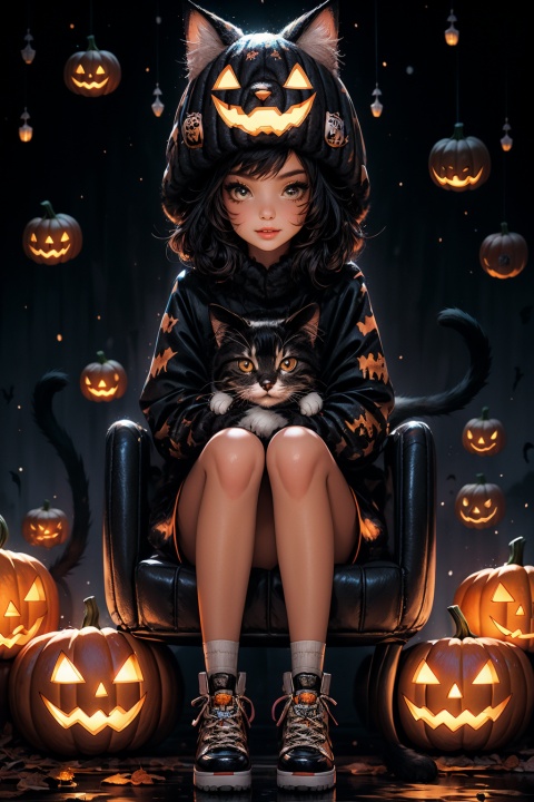  A girl sitting in a chair wearing a cat hat, a cat on her head, a cat on her lap, Halloween, jack-o-lanterns, WaHaa, Sky Fantasy