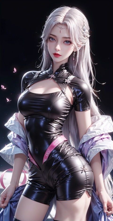  High quality, ultra high definition, surreal, highest resolution, high detail, clear visuals, girl, full body portrait, sapphire eyes, red lips, exquisite facial features, looking at the camera, (facial close-up), (white hair), mid chest, (round neck), tall figure, (latex black sports tight fitting t-shirt, shorts), high heels, gym,PinkMecha,latex,4k,极致细节,油亮的乳胶上衣,latex t-shirt,