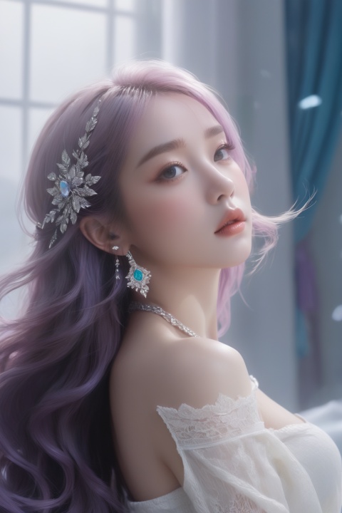  (8k, RAW photo, best quality, masterpiece:1.2),solo,pov,(super realistic, photo-realistic:1.3), ultra-detailed, extremely detailed cg 8k wallpaper,hatching (texture),skin gloss,light persona,(crystalstexture skin:1.2), (extremely delicate and beautiful), (white skin:1.2),ultra realistic 8k cg, flawless, clean, masterpiece, professional artwork, famous artwork, cinematic lighting, cinematic bloom, perfect face, beautiful face, fantasy, dreamlike, unreal, science fiction, lace, lace trim, lace-trimmed legwear, luxury, jewelry, diamond, pearl, gem, sapphire, ruby, emerald, intricate detail, delicate pattern, charming, alluring, seductive, erotic, enchanting, hair ornament, necklace, earrings, bracelet, armlet,halo,,(((Best quality, masterpiece, ultra high res, (photorealistic:1.4), raw photo, 1girl, wet clothes, )))1girl,arms behind back,long_hair, solo, (((very_long_hair))),bare_shoulders,purple hair, long dress,hair ornament,pov,(full shot), (breasts,medium_breasts, cleavage:1.2),looking_at_viewer,hyr-hd,
