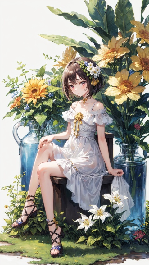masterpiece, best quality, 1girl, in a jar, jar, simple background, full body, flower, sitting,erune,