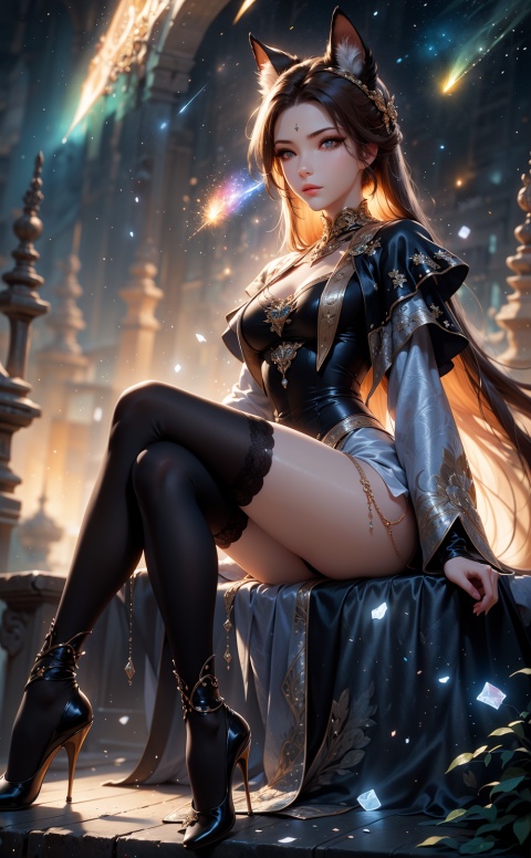  (Sitting::1.6),Night,starry sky,clusters of stars,cities,lakes,Look up at the stars,(Meteor shower::1.4),Look into the distance,from side,profile,from below,white shirt,black Tight microskirt,black thighhighs,full body,model's body,model's legs,high heels,narrow waist,Perfect eye structure,Subject,detailed eyes,clear facial features,finely detailed eyes,nice body,finely detailed face,finely quality eyes,Perfect figure,Exquisite facial features,solo,Best quality,masterpiece,realistic, (hyperrealism::1.2),(8K UHD ::1.6),HDR,8K wallpaper,ultra detailed,best quality,fractal art,lighting,(Highly detailed::1.4),Professional,Trending on artstation,Vivid Colors,1girl,crystal,xiaoyemao