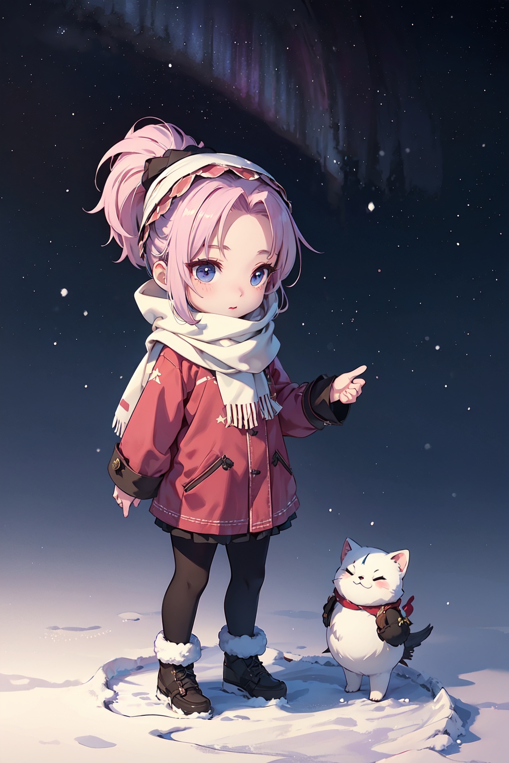 masterpiece,best quality,official art,extremely detailed CG unity 8k wallpaper,1girl, high ponytail, winter uniform, scarf, pov,full body, chibi, starry background, aurora, snowing, , the bride_light yarn,final,high ponytail