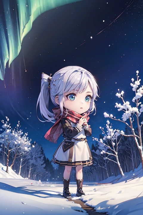 masterpiece,best quality,official art,extremely detailed CG unity 8k wallpaper,1girl, high ponytail, winter uniform, scarf, pov,full body, chibi, starry background, aurora, snowing, , the bride_light yarn