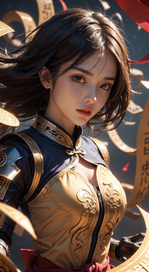  (low-angle, ultra-wide) , a woman in Mech, armor, action figure, delicate eyebrows, beautiful features, (upper body close-up: 1.2) , (pubic hair: 1.3) , sparkling runes, (rotating long volume: 1.2) , (floating transparent Chinese characters) , motion, Best Picture Quality, 3D rendering, looking up, wide angle, Fisheye, lens focus, super realistic and detail, high detail texture, super high quality, 16K, Dauphin, flow scrolls,