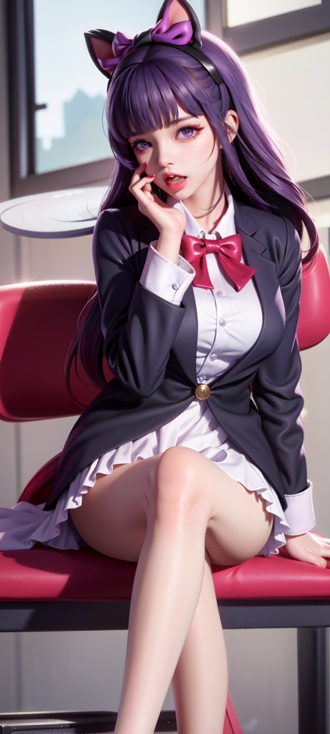  1girl, pantyhose, solo, long hair, black hair, school uniform, purple eyes, indoors, sitting, desk, skirt, feet, classroom, no shoes, looking at viewer, bow, hand on own face, hand on own cheek, red bow, school desk, jacket, black pantyhose, bowtie, shirt, red bowtie, blazer, blush, open mouth, chair, bangs, pleated skirt, white shirt, breasts, toes, black jacket, on desk, long sleeves, school chair, collared shirt, :o, very long hair, foot focus, WZRYdiaochanHQG, WZRYdaqiaoMGRJ