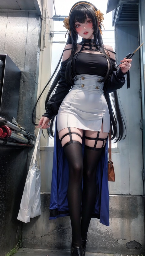 A girl, facing the audience, with long blue hair, standing, street style, stockings, photo style, from bottom to top.