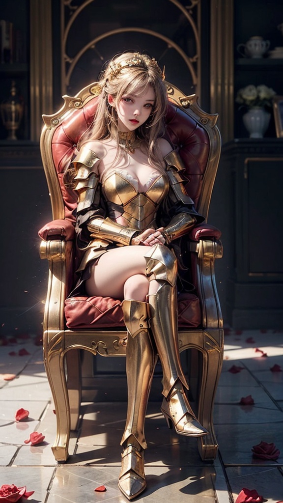 ((masterpiece)), ((best quality)), 8k, high detailed, ultra-detailed, ((golden armored girl)), with rich details,A rose in her mouth, rose petals all over the floor, perfect body. full body, sitting, crossing legs, facing the viewer