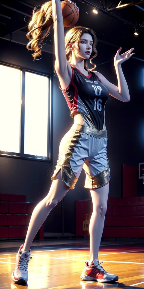  High quality, ultra high definition, surreal, highest resolution, (16k pixels) (bright tone), basketball player, (daily basketball moves) (daily selfie movements), (silver curly hair), mid chest, long legs, tall, perfect figure, (basketball clothes) sports shoes, (basketball court), (various movements),Kevin Durant