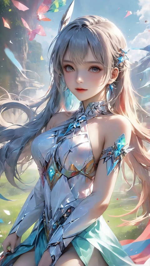  masterpiece, best quality, masterpiece,best quality,official art,extremely detailed CG unity 16k wallpaper,masterpiece, (science fiction:1.1), full body,(ultra-detailed crystallization:1.5), (crystallizing girl:1.5), kaleidoscope, ((iridescent:1.5) long hair), (glittering silver eyes), sitting, surrounded by colorful crystals, blue skin, (skin fusion with crystal:1.8),Nayuta_Area_Reception,asuna \(sao\),loli,petety,1girl,1 girl, rainbow girl