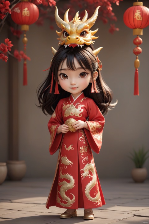  masterpiece,best quality,Fine detail,year of the dragon,Cute,Chinese dragon,3d toon style, bailing_eastern dragon,On the cornucopia,Red lanterns, gold and silver jewelry,The character "fortune", arien_hanfu