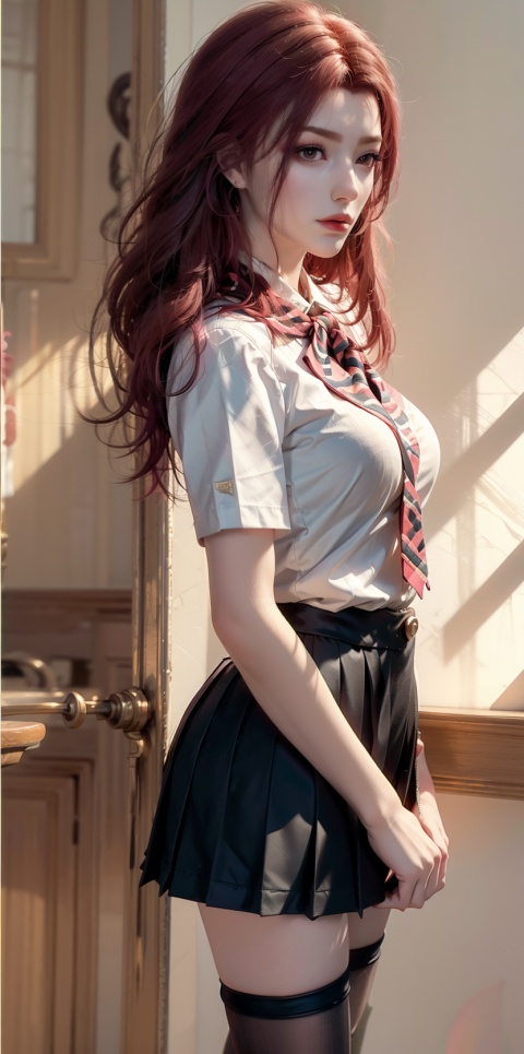  Reality, official art, uniform 8k quality, super detail, fine detail skin, movie angle, movie texture, movie lighting, masterpiece, best picture quality, deep shadows, backlight, silhouette, light, school uniform, pleated skirt, living room, 1 girl, vermilion lips, messy hair, 1 girl, mini skirt, pink hair, showy underwear, huge chest, bj_ Devil_ Angel, Tiffany Lockhart, Serafuku, head up, looking at the audience, with skirts, long legs, standing opposite the audience, looking up from an angle,tutuwl,cyborg,black pantyhose,behis******e,JK_style,yuyao,short-sleeved JK_shirt ,1girl,solo