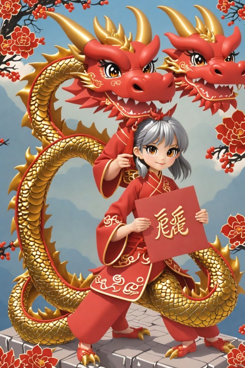  masterpiece,best quality,Fine detail,year of the dragon,Cute,Chinese dragon,3d toon style, bailing_eastern dragon,On the cornucopia,Red lanterns, gold and silver jewelry,The character "fortune"