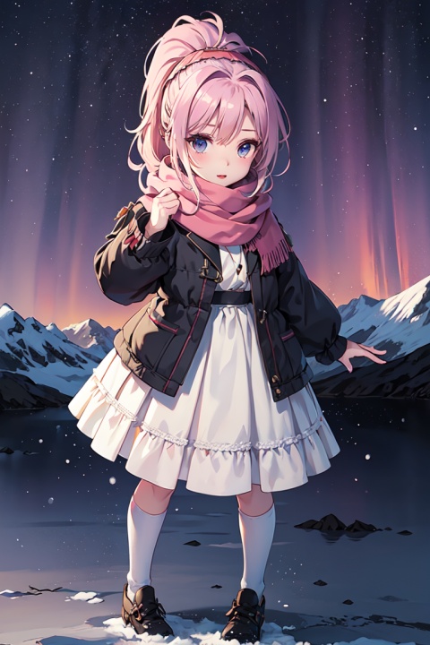 masterpiece,best quality,official art,extremely detailed CG unity 8k wallpaper,1girl, high ponytail, winter uniform, scarf, pov,full body, chibi, starry background, aurora, snowing, , the bride_light yarn,final,high ponytail