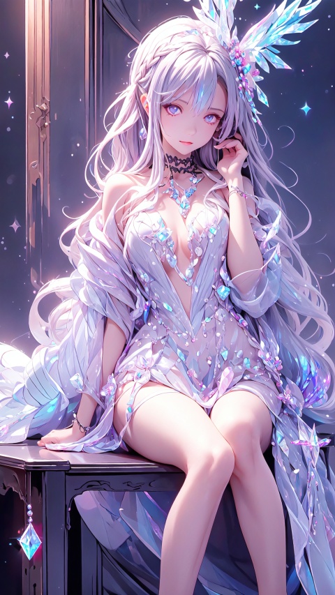  masterpiece, best quality, masterpiece,best quality,official art,extremely detailed CG unity 16k wallpaper,masterpiece, (science fiction:1.1), full body,(ultra-detailed crystallization:1.5), (crystallizing girl:1.5), kaleidoscope, ((iridescent:1.5) long hair), (glittering silver eyes), sitting, surrounded by colorful crystals, blue skin, (skin fusion with crystal:1.8),Nayuta_Area_Reception,asuna \(sao\),loli,petety,1girl,1 girl