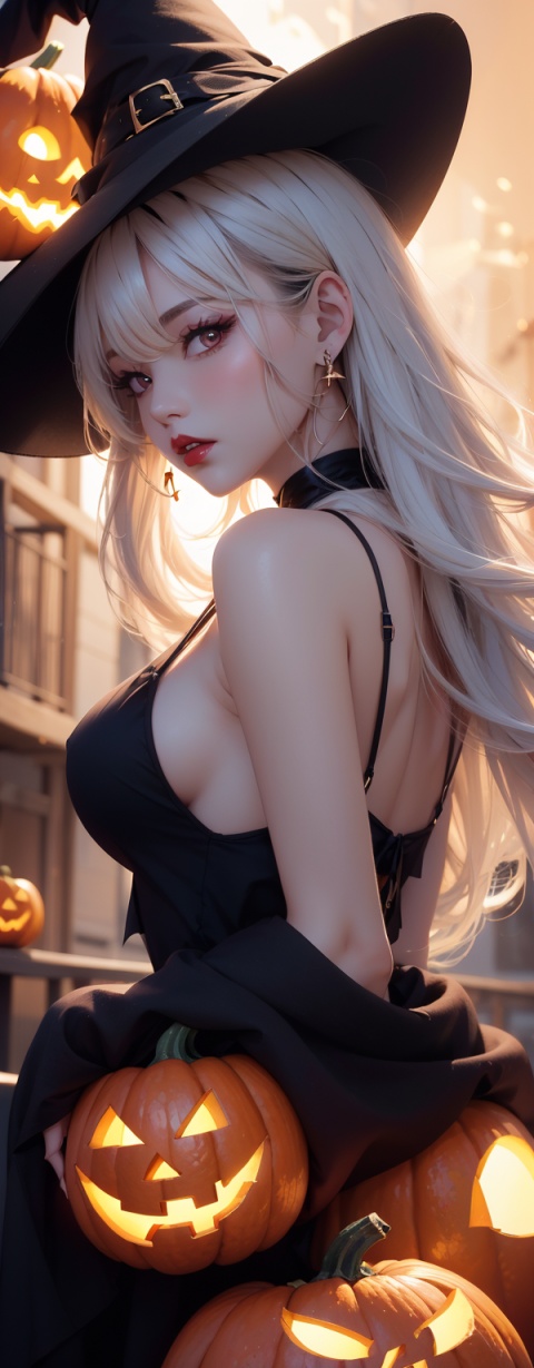  1girl,solo, photo realistic,from bottom,evil look,earrings,jewelry,hat,red eyes,jack-o'-lantern,pointy ears,looking at viewer,white long hair,witch hat,halloween,upper body,dress,pumpkin,white hair,black dress,breasts,black headwear,glowing,bangs,witch,thorns,black background,blood lips,medium breasts,fire,3D rendering,zichun