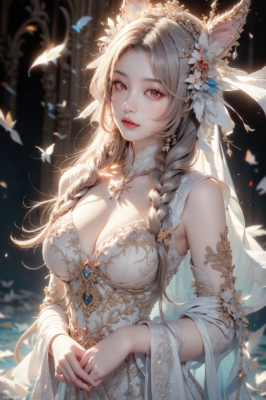 (guanyin:1.3),(1girl:1.8),(solo:1.8), beautiful, ultra realistic, ultra clear image quality, 8k, exquisite landscape background, enchanting figure,hand placed behind, background with Holy Light Rune flashing,  soft light. The water below shimmered with light. The other shore flower has a large chest, a navel exposed, Official art, unit 8K wallpaper, ultra detailed, beautiful and aesthetically pleasing, masterpiece, best quality, very detailed, dynamic angle, paper skin, elegant, fauvi** design, visual color, romantici**, divine realm In a painting, standing on sea, and her presence radiates strength. (Masterpiece, best quality, more details, vertical, realistic, realistic, one detail, clear focus, movie lighting), ray tracing, ultra wide angle, 4K, award-winning,1 little girl, masterpiece, highest quality, high quality, cute, white hair,Rabbit ears, plump figure, exposed white dress, (red eyes:1.3), sparkling eyes, shy expression, big_breast,nun,Pious