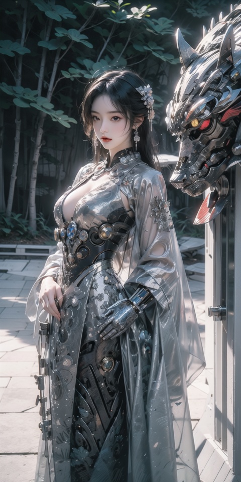 (best quality),(masterpiece),an extremely delicate and beautiful girl,perfect face,extremely detailed,Amazing,finely detail,official art,ultra-detailed,highres,beautiful detailed girl,light on face,
a girl standing in front of a dragon,long,no humans,dragon,(floating hair),mecha,(mechanical mecha),yushuishu,water,waves,Filled with water energy,Mecha all,Honey Mecha,machinery,mountainBuilding,outdoors,day, sky, water,tree,科技,cyberhanfu,MountainBuilding,Mecha girl figure,Ink painting,big_breasts,breast_expansion,cleavage