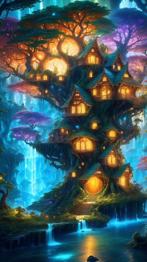 masterpiece,best quality,16k,Fantasy world, tree monsters, elves, tree houses, forests, rivers, waterfalls,